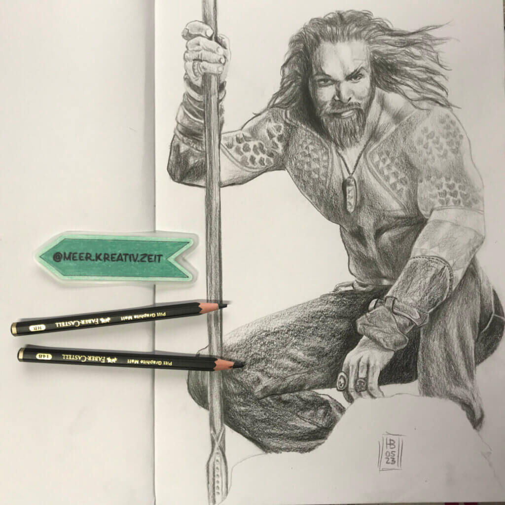 Bleistift Bild von Jason Momoa in seiner Rolle als Aquaman. Fan Art.