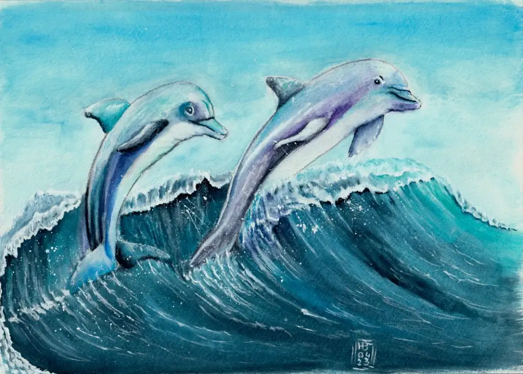 Aquarellbild mit zwei Delfinen, die aus einer Welle heraus springen.