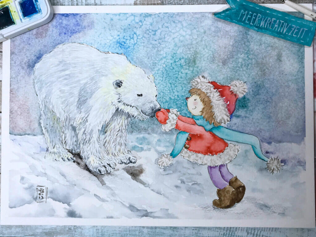Mädchen schließt Freundschaft mit einem Eisbären.