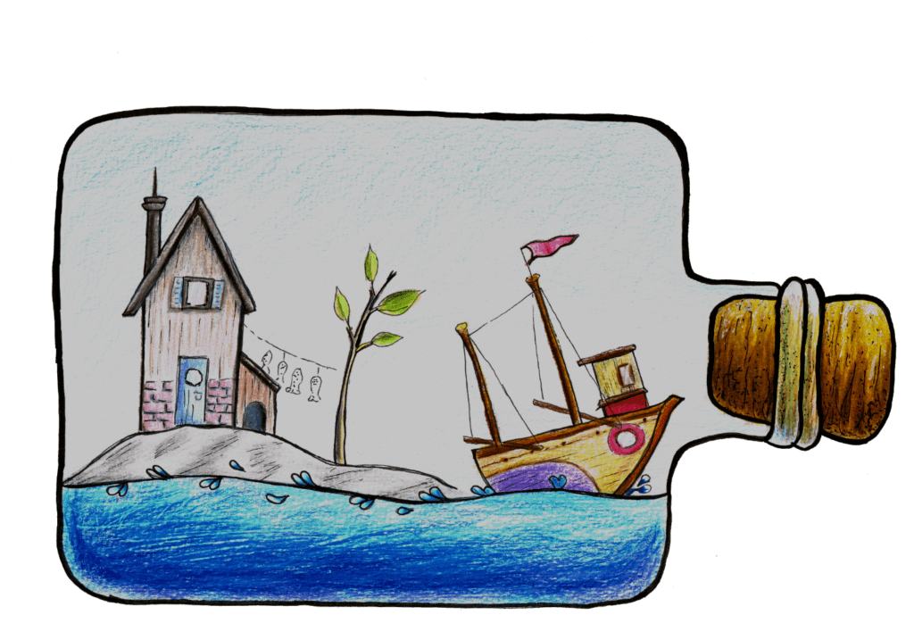 Maritime Szene mit einem Boot und einem Fischerhaus in einer Flasche. Gezeichnet mit Buntstiften.