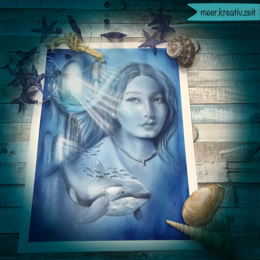 Airbrush und Aquarell. Porträt einer Meerjungfrau unter Wasser.
