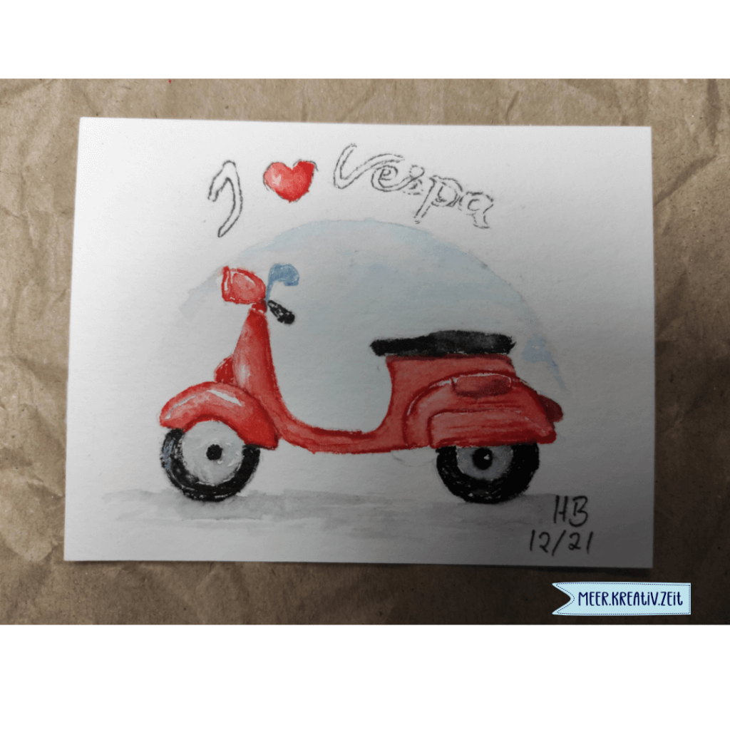 Vespa Motorroller gemalt mit Aquarellfarben.