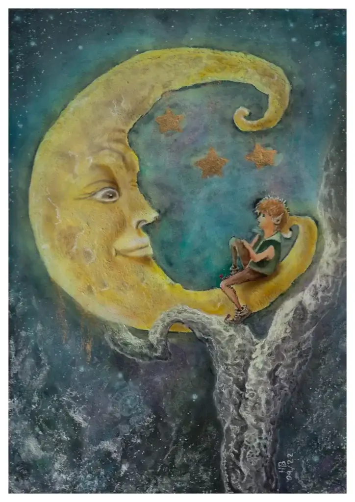 Fantasy Bild ein Junge sitzt auf dem Mond und unterhält sich mit ihm