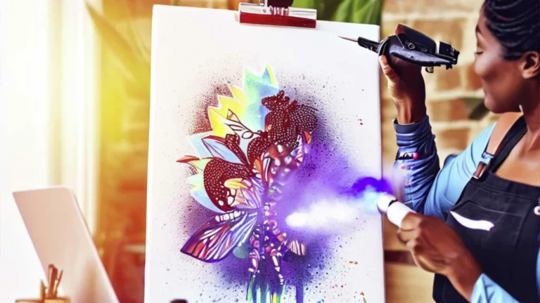 Eine Frau malt mit Hilfe von KI mit einer Airbrush ein Bild auf eine Leinwand